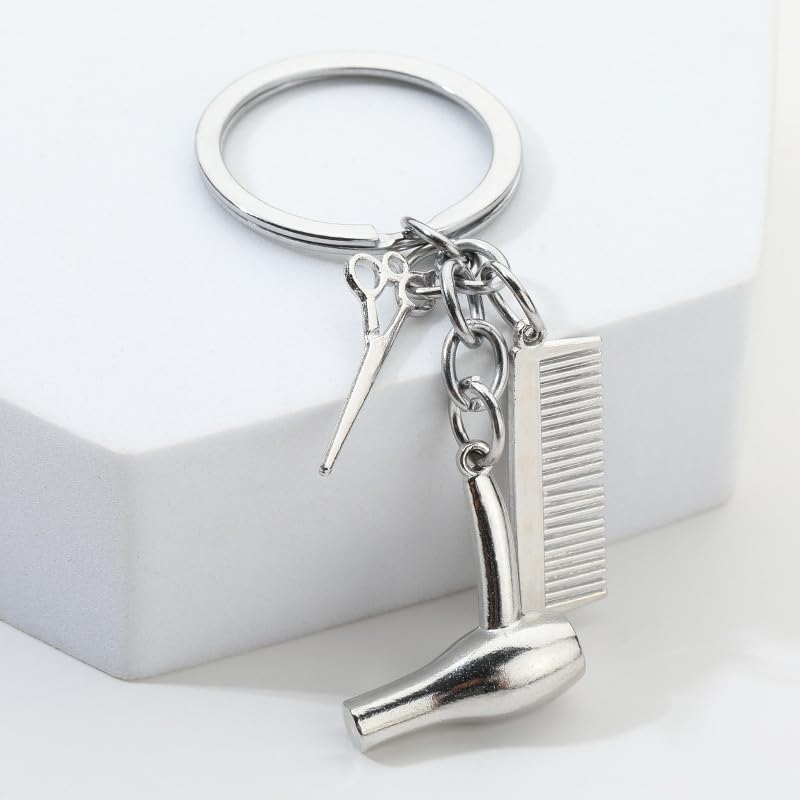 Hairdresser Keychain with Comb Scissors and Hair Dryer Charms Silver