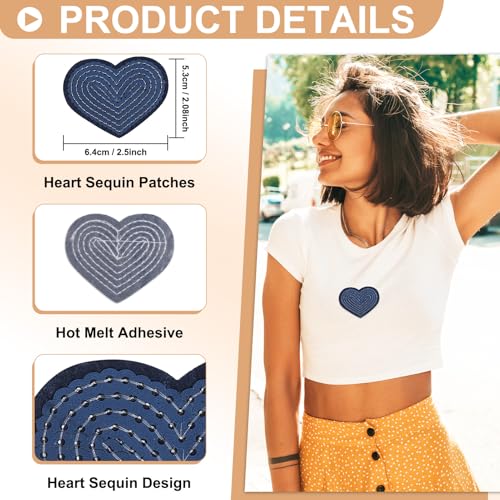 20Pcs Dark Blue Sequin Heart Iron-On Patches 6.4x5.3cm Appliques