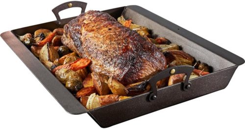 Classic Cuisine Iron Roasting Pan - Pre-Seasoned with Brass Handles & Flanged Edges | Versatile Cookware for Oven, Stovetop, Grill