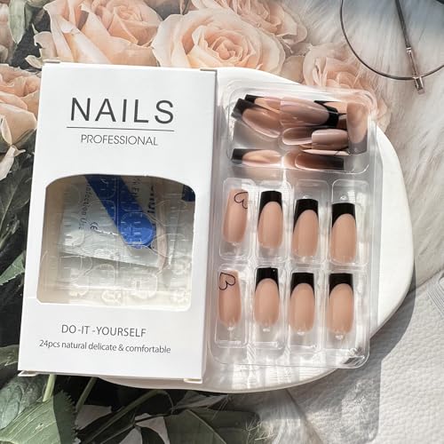Black French Tip Press on Nails with Heart Design Medium Square Fake Nails