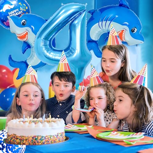 Giant Shark 4 Balloon - 40 Inch Blue Foil Number 4 for Kids Birthday Party (Shark-4)