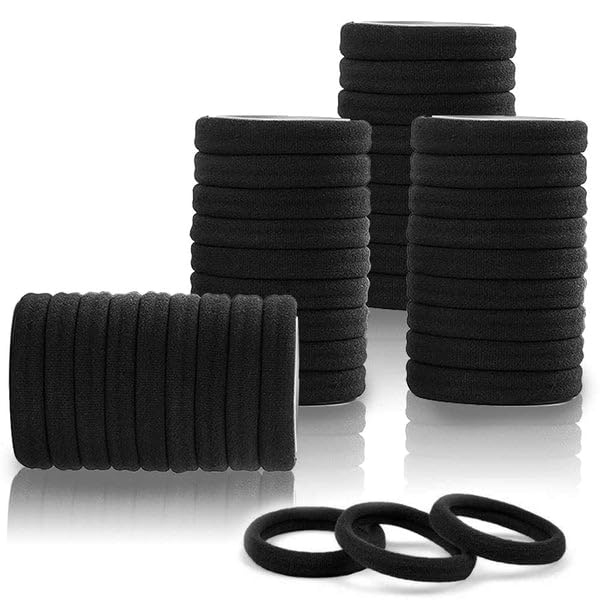 Black Hair Ties 50 Count Seamless Cotton Elastic Ponytail Holders