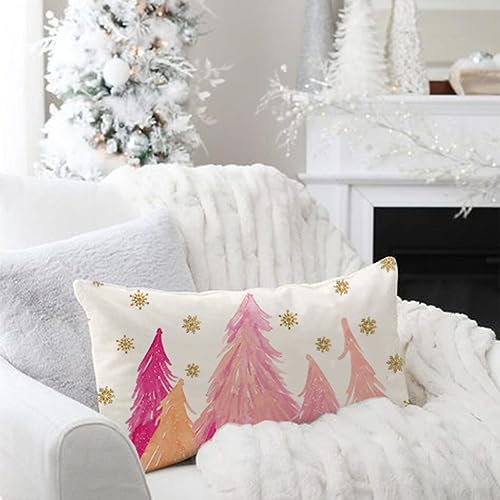 Pink Christmas Tree Pillow Cover 12x20 Snowflake Holiday Decor - Pack of 1