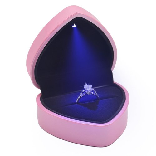 Luxury LED Lighted Engagement Ring Box - Heart Shaped Elegant Pink Ring Case for Wedding Rings, Perfect for Proposal, Anniversary, Ceremony, and Gift Giving