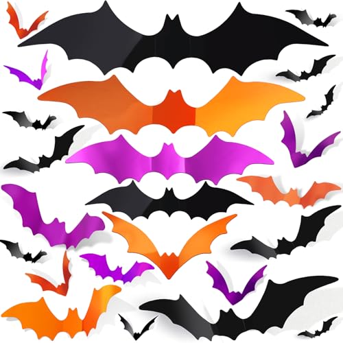 FANDAMEI 140PCS Halloween Bat Wall Decor - Black, Purple, Orange, 3D Indoor Outdoor Bat Stickers for Party & Home