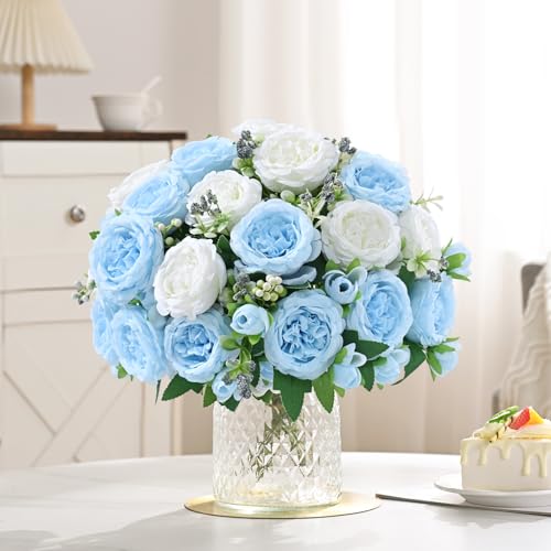 Mixed White Blue Artificial Peonies - 2 Pack Silk Flowers