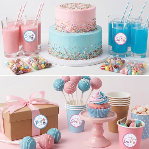 Tyqour 60PCS Gender Reveal Stickers - Team Boy & Girl Cupcake Toppers