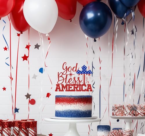 Red Glitter God Bless America Cake Topper for 4th of July