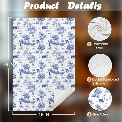 Chinoiserie Bull Terrier Dog Kitchen Towel Blue White Floral 16x24