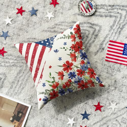 Patriotic Poppy Floral Throw Pillow Cover, 18x18 Inch - Independence Day Decor