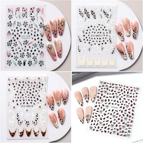 SUTOZMIWE 8 Sheets 3D Floral & Leopard Print Nail Art Stickers Decals