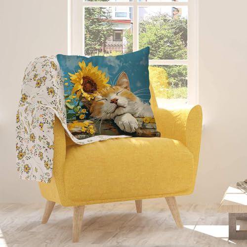 GAGEC 18x18 Inch Orange Cat Sunflowers Pillow Cover - Spring Decor