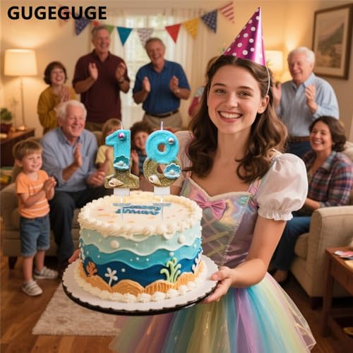 Blue Ocean Glitter Number 4 Birthday Candle with Pearls and Shells