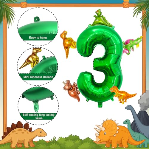 LilyZheng 3rd Birthday Dinosaur Decorations Green Number 3 Balloon with Mini Dino Balloons