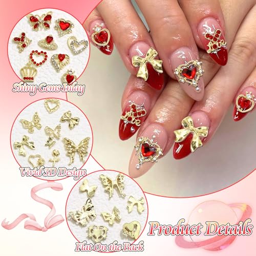 BELICEY 90Pcs Gold Nail Charms 3D Assorted Bow Heart Rhinestone Alloy Decor