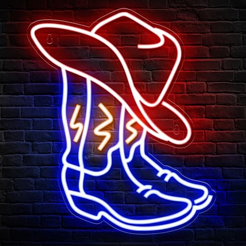 Cowboy Boot Neon Sign with Cowboy Hat - Western Wall Decor for Bedroom, Bar, Office, Man Cave - Variation CBB1