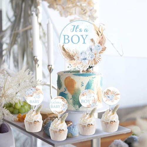 Blue Boho Baby Shower Cake Toppers Set - 25pcs Pampas Grass