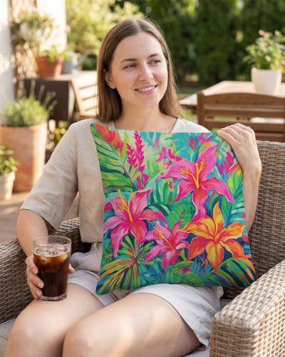 Pink Orange Tropical Pillow Cover 18x18 - Hibiscus Floral Cushion