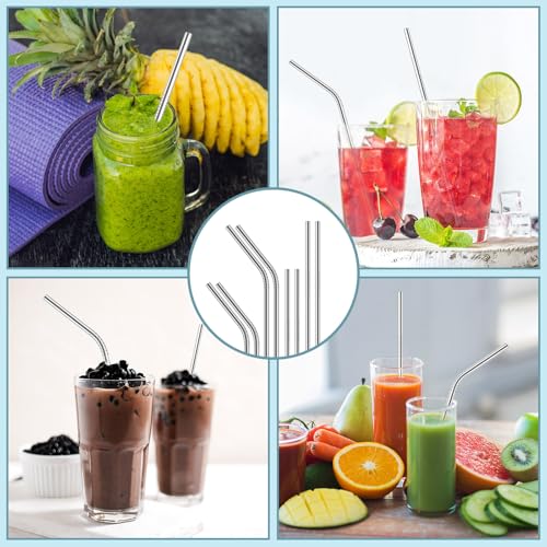 24-Pack Reusable Stainless Steel Metal Straws - Silver, Straight & Bent