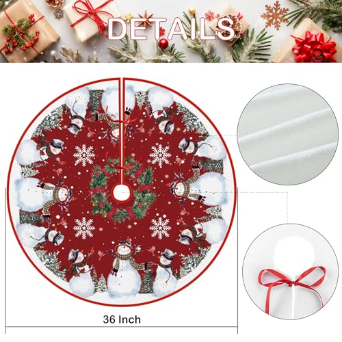 Snowman Christmas Tree Skirt 36 Inch - Red Holiday Decor