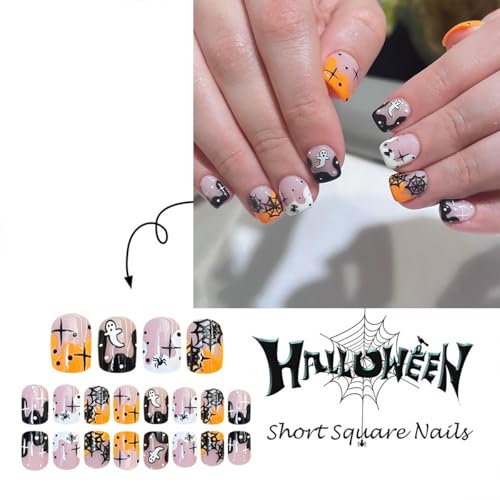 Halloween Press on Nails Short Square French Tip Fake Nails Ghost Spider Web
