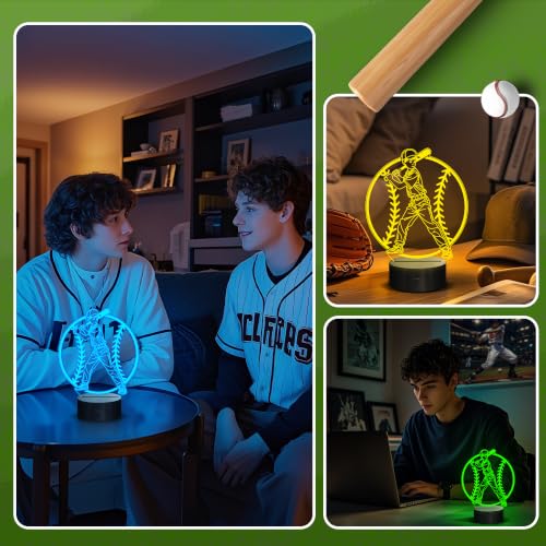 Baseball Boy Night Light - 3D LED Illusion Lamp with 16 Colors & Remote - Boy Player Variation