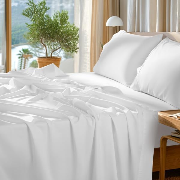 SONORO KATE 100% Egyptian Cotton Sheets Set - Luxury 5-Star Hotel Quality, Soft & Breathable | 4 PC Queen (White)