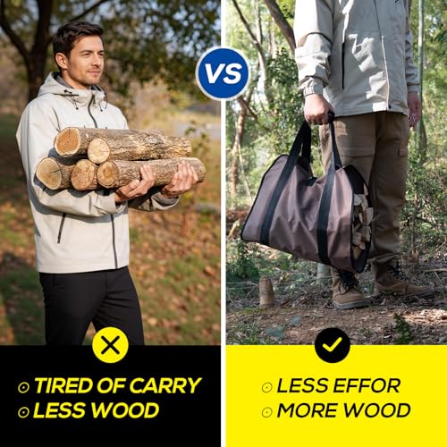 FLASLD Heavy Duty Waxed Canvas Firewood Carrier - Large Log Tote (Brown)