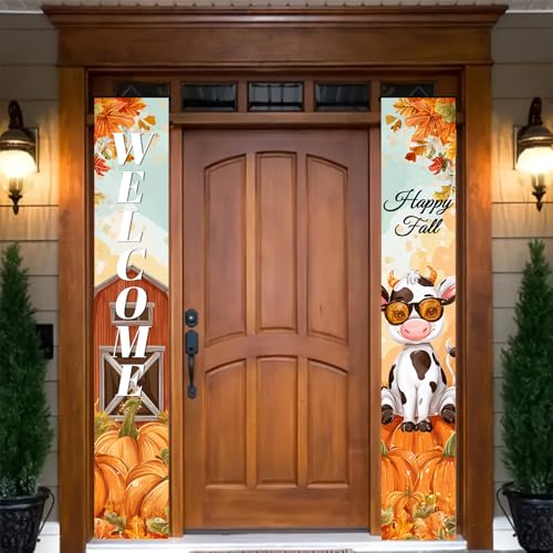 BlissYard Thanksgiving Porch Banner 12x71 Inch Cow Pumpkin Fall Decor