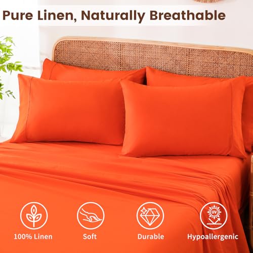 Bedlifes 100% French Linen Pillowcases - King Size 20x40, Orange (Set of 2)