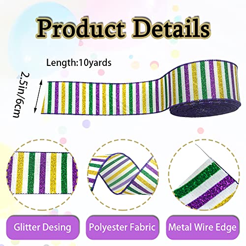 Mardi Gras Wired Edge Ribbon 2.5 Inch x 10 Yards Glitter Stripes