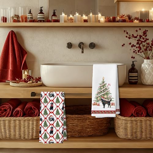 Mj Preppy Christmas Dog Kitchen Towels - Black Lab Holiday Dish Hand Towels Set of 2