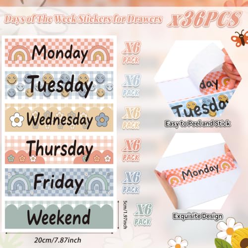 36 Pcs Days of the Week Stickers, Large Checkered Weekly Organizer Decals