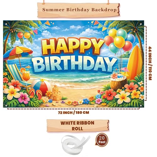 Happy Birthday Beach Backdrop Banner - Tropical Luau Photo Booth (71 x 43 in)