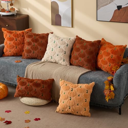 Beige Fall Pillow Covers 18x18 (Set of 2) - Plush Pumpkin Design