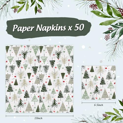 Christmas Tree Green Paper Napkins 6.5 Inch Pack of 50 - Disposable Holiday Decorations