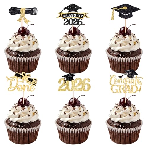 2026 Graduation Cupcake Toppers - 60 Pcs Black Gold Decor