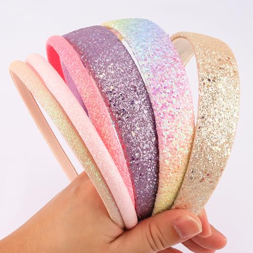 Chanaco Glitter Headbands for Girls 6-Pack Rainbow Sparkle Hair Accessories
