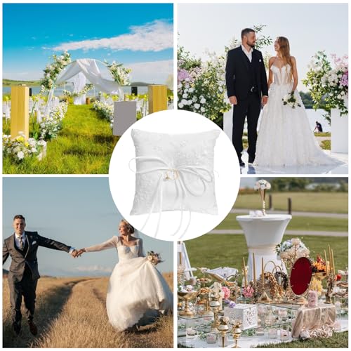 Elegant White Cotton Wedding Ring Bearer Pillow with Lace Trim