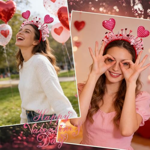 Valentines Pink Heart Headband Plush Sparkly Hair Hoop for Women