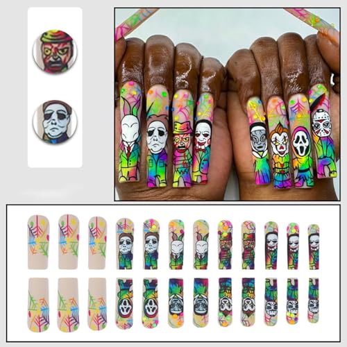 Halloween Long Square Press on Nails - Spooky Rhinestone Fake Nails Kit