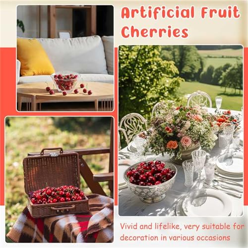 Skylety 50 Pieces Dark Red Fake Cherries for Decoration