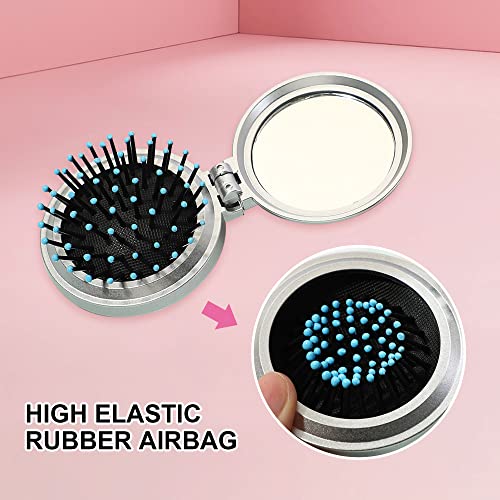 Folding Hair Brush with Mirror Round Compact Travel Hairbrush Silver