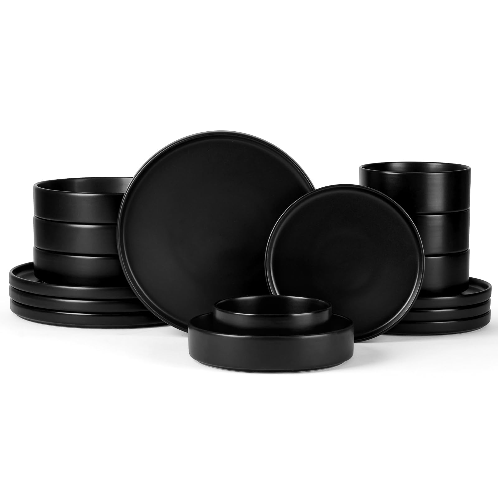 Onader 16 Piece Dinnerware Sets with Serving Bowls for 4, Stoneware Plates and Bowls Dish Sets, Ceramic Dinner Ware Dishware for Kitchen Dining, Chip & Scratch Resistant - Ebony Black