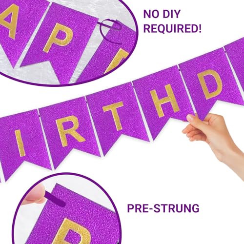Purple Happy Birthday Banner - 16ft Pre-Strung Glitter Decoration