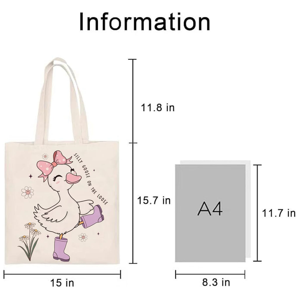 Silly Goose Canvas Tote Bag With Inner Pockets,Cute Reusable Bag for Lunch Grocery Shopping and Beach,Women Lady Canvas Cotton Tote,Birthday Gifts for Goose Lovers