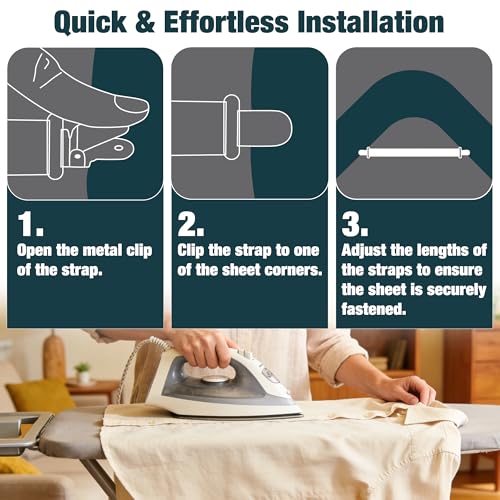 Ironing Board Cover Clips - 4 Pack Adjustable Elastic Fasteners (White)