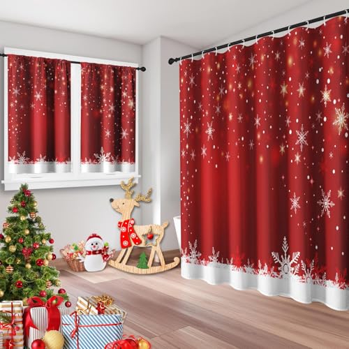 Christmas Red Shower Curtain Set with Window Curtains - Xmas 9 Variation