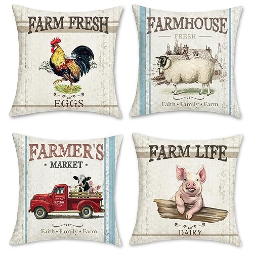 Farmhouse Animal Throw Pillow Covers 18x18 Inch Set of 4 - Cow, Sheep, Pig, Rooster Decor