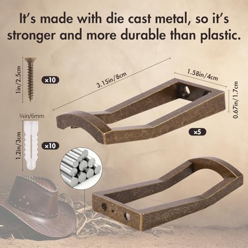 Bronze Cowboy Hat Hooks - 5 Pcs Metal Wall Rack for Hats